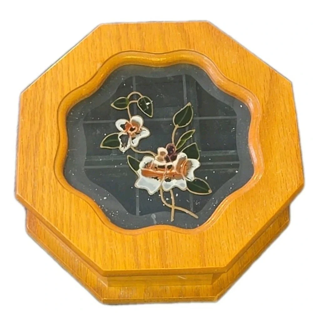 VTG Wooden Octagon Jewelry Box Floral Etched Glass Lid Mirror Inset Small 70s